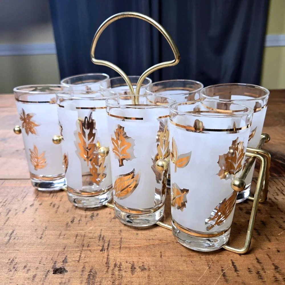 Vintage Libbey Golden Foliage Frosted Highball Glasses Set of 8 Brass Caddy MCM
